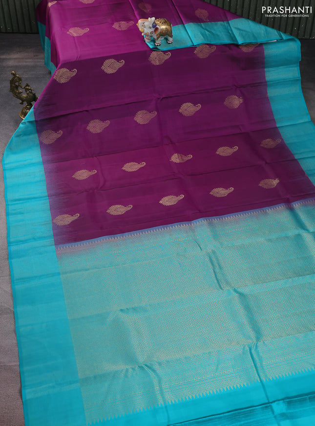 Pure kanchipuram silk saree purple and teal blue with zari woven buttas and simple zari border