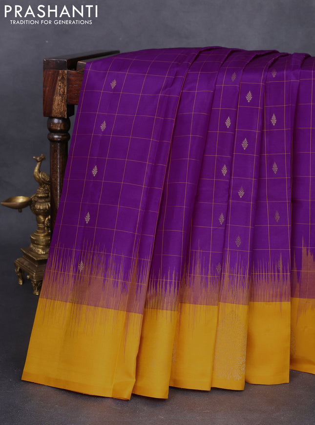 Pure kanchipuram silk saree purple and mustard yellow with allover checks & zari buttas and zari woven butta border