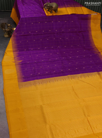 Pure kanchipuram silk saree purple and mustard yellow with allover checks & zari buttas and zari woven butta border