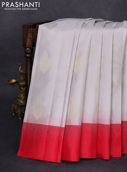 Pure kanchipuram silk saree grey and red with zari woven buttas and simple border