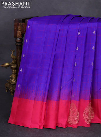 Pure kanchipuram silk saree blue and pink with allover checks & zari buttas and zari woven butta border