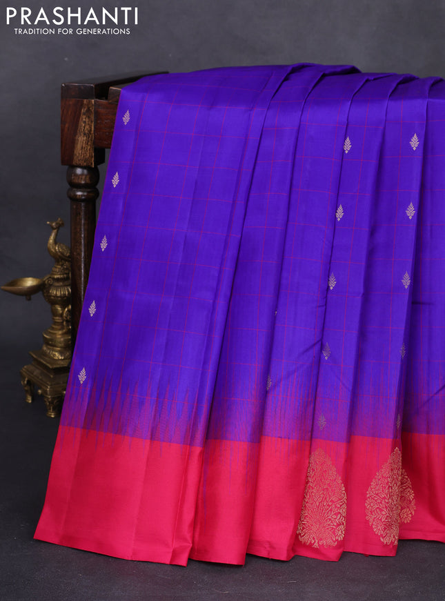 Pure kanchipuram silk saree blue and pink with allover checks & zari buttas and zari woven butta border