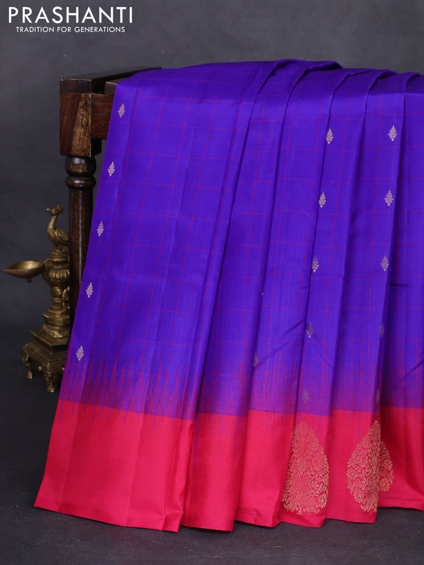 Pure kanchipuram silk saree blue and pink with allover checks & zari buttas and zari woven butta border