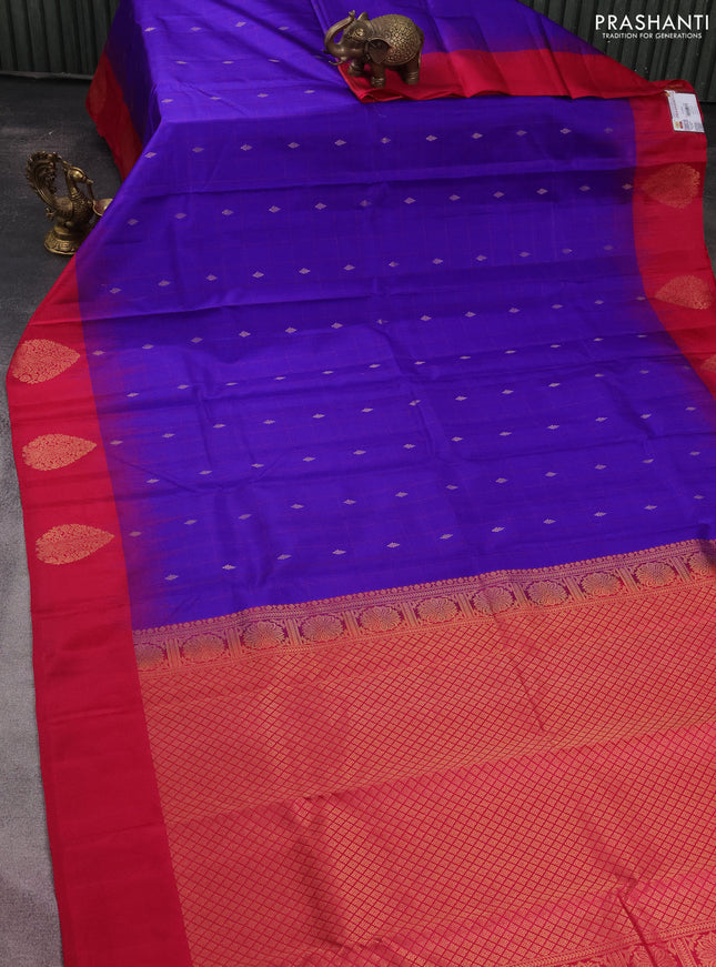 Pure kanchipuram silk saree blue and pink with allover checks & zari buttas and zari woven butta border