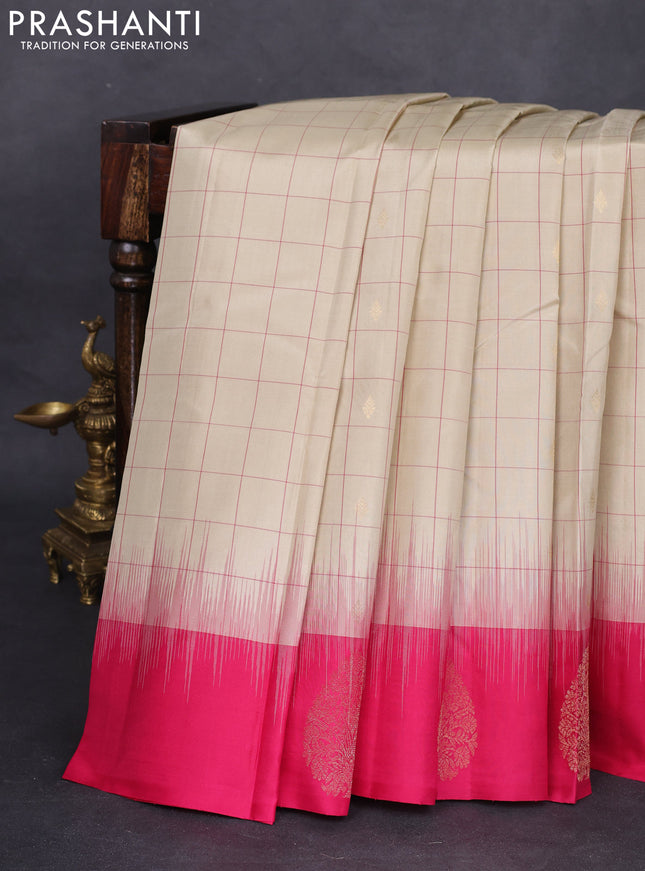 Pure kanchipuram silk saree beige and pink with allover checks & zari buttas and zari woven butta border
