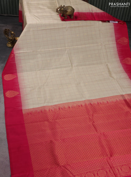 Pure kanchipuram silk saree beige and pink with allover checks & zari buttas and zari woven butta border