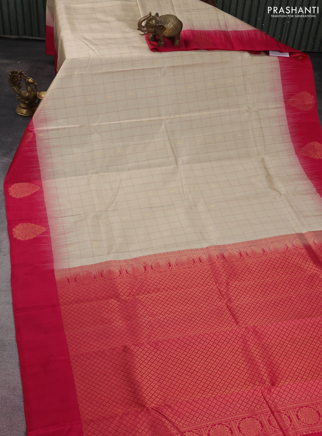 Pure kanchipuram silk saree beige and pink with allover checks & zari buttas and zari woven butta border