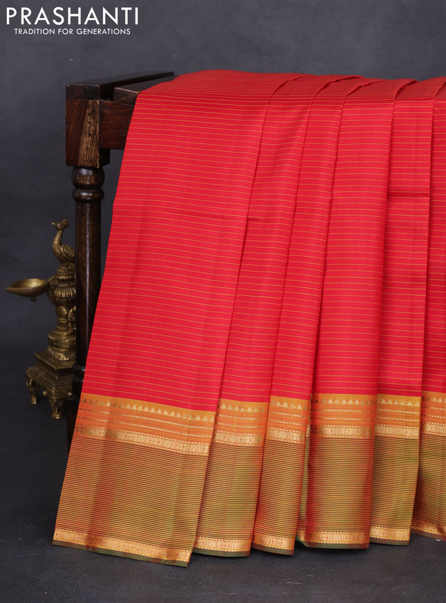 Pure kanchipuram silk saree red and green with stripes pattern and rettapet zari woven border