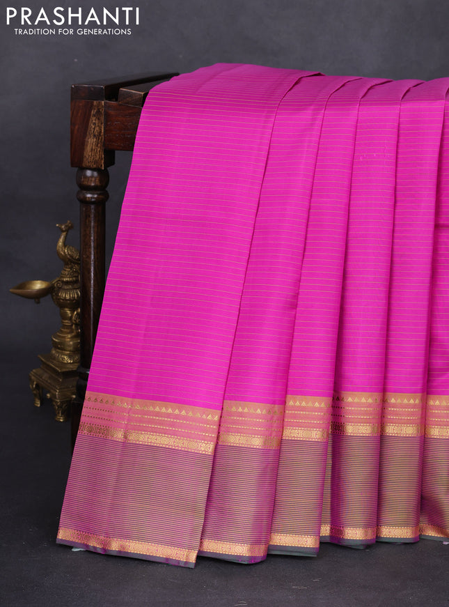 Pure kanchipuram silk saree magenta pink and green with stripes pattern and rettapet zari woven border