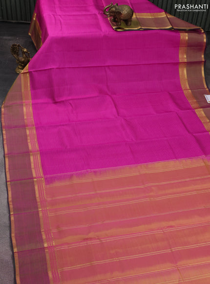 Pure kanchipuram silk saree magenta pink and green with stripes pattern and rettapet zari woven border
