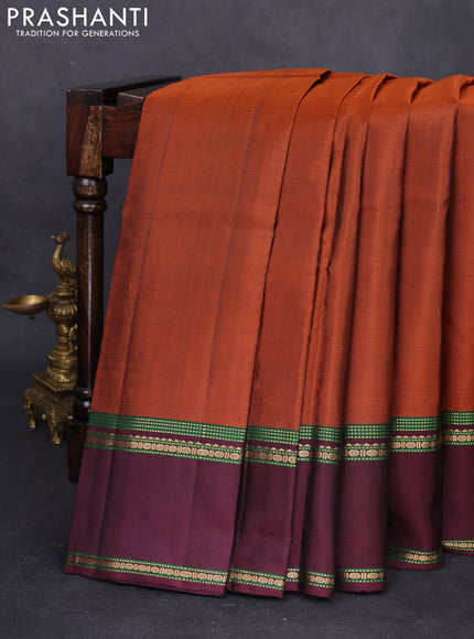 Pure kanchipuram silk saree rustic orange and deep maroon with plain body and rettapet zari woven border