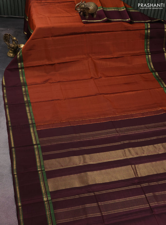 Pure kanchipuram silk saree rustic orange and deep maroon with plain body and rettapet zari woven border