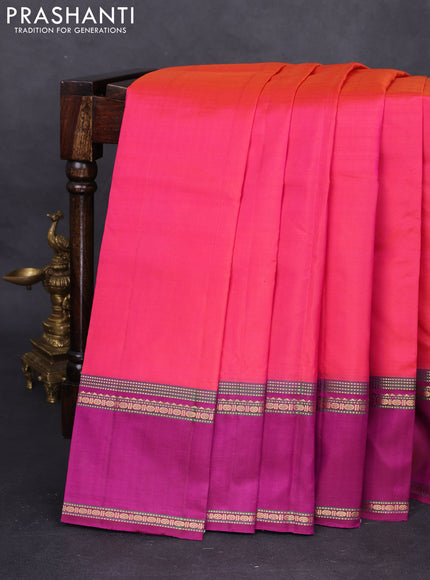 Pure kanchipuram silk saree dual shade pinkish orange and magenta pink with plain body and rettapet zari woven border