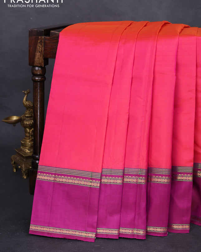 Pure kanchipuram silk saree dual shade pinkish orange and magenta pink with plain body and rettapet zari woven border