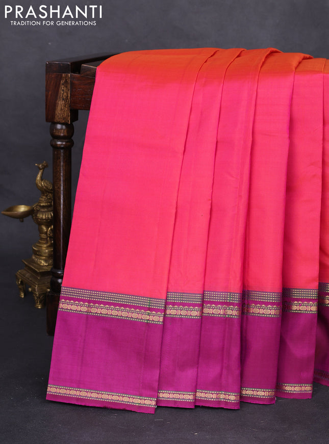 Pure kanchipuram silk saree dual shade pinkish orange and magenta pink with plain body and rettapet zari woven border