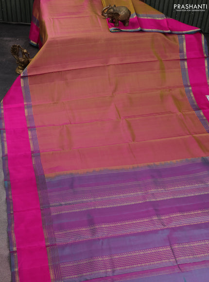 Pure kanchipuram silk saree dual shade of greenish pink and peacock green with plain body and rettapet zari woven border