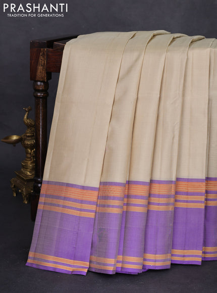 Pure kanchipuram silk saree cream and violet with plain body and rettapet zari woven border