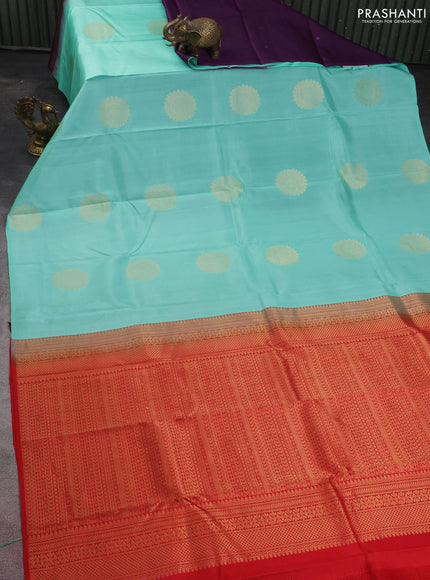 Pure kanchipuram partly silk saree teal green and red purple with zari woven buttas in borderless style