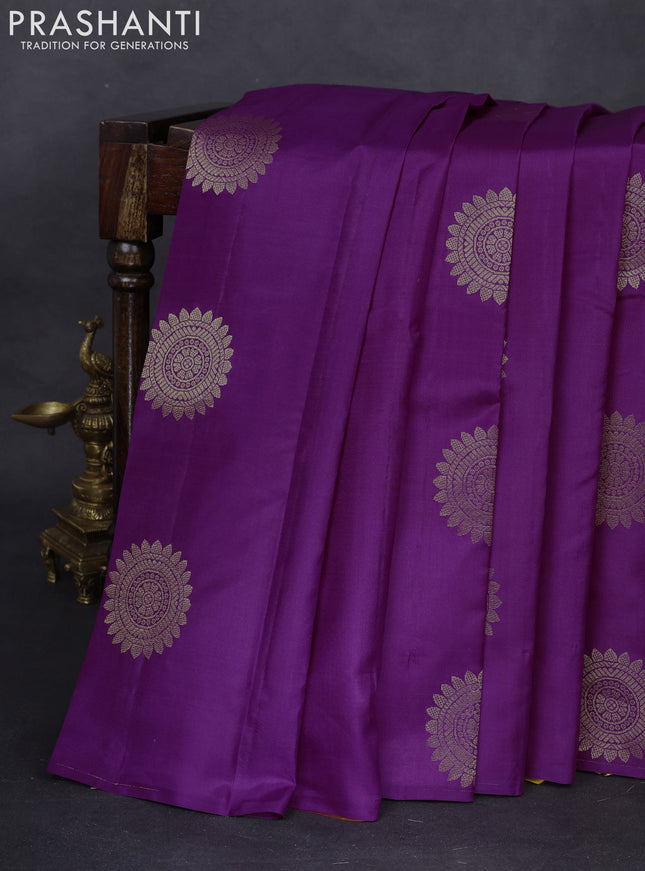 Pure kanchipuram partly silk saree purple and orange yellow with zari woven buttas in borderless style