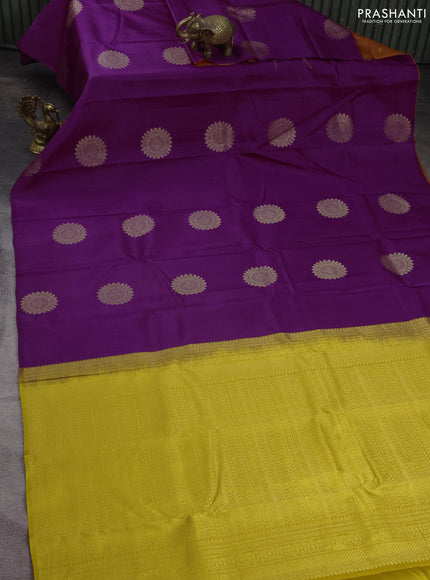 Pure kanchipuram partly silk saree purple and orange yellow with zari woven buttas in borderless style