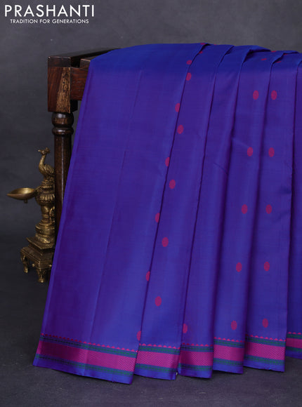Pure kanchipuram silk saree blue with woven buttas and thread woven border