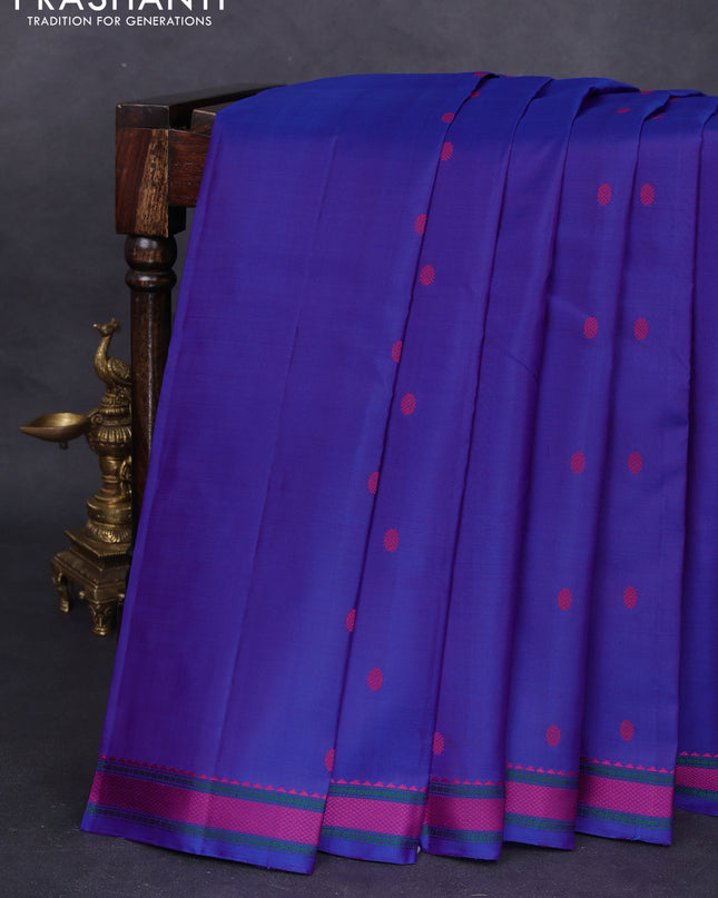 Pure kanchipuram silk saree blue with woven buttas and thread woven border