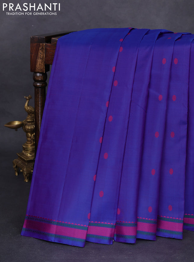 Pure kanchipuram silk saree blue with woven buttas and thread woven border