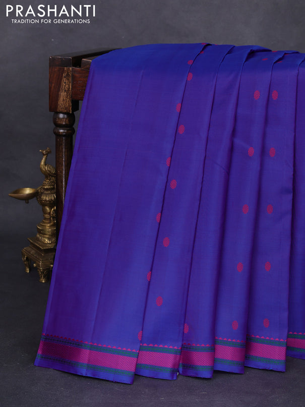 Pure kanchipuram silk saree blue with woven buttas and thread woven border
