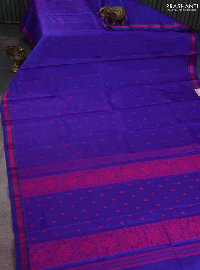 Pure kanchipuram silk saree blue with woven buttas and thread woven border