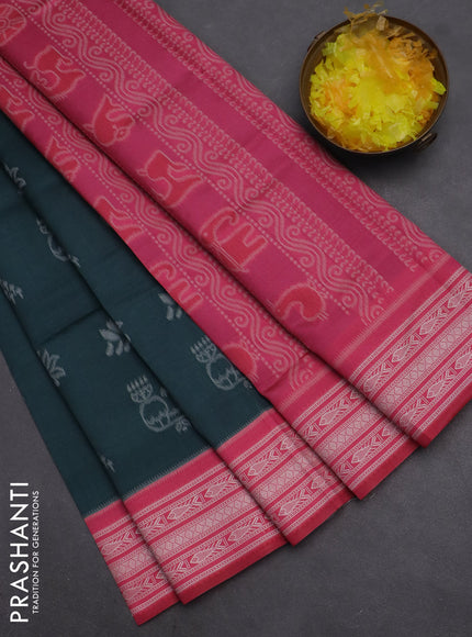 Semi sambalpuri silk saree peacock green and candy pink with allover ikat buttas and thread woven border
