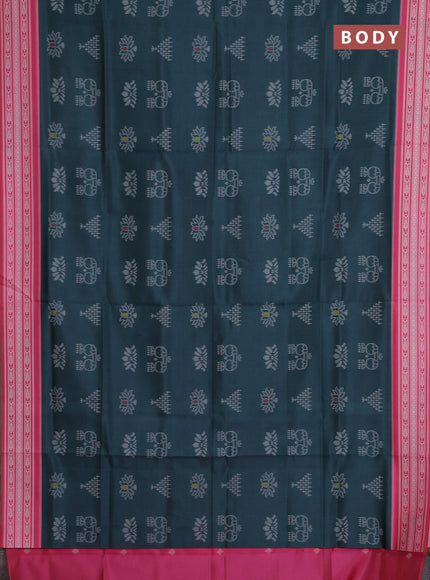 Semi sambalpuri silk saree peacock green and candy pink with allover ikat buttas and thread woven border