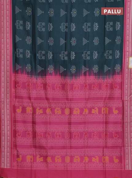 Semi sambalpuri silk saree peacock green and candy pink with allover ikat buttas and thread woven border