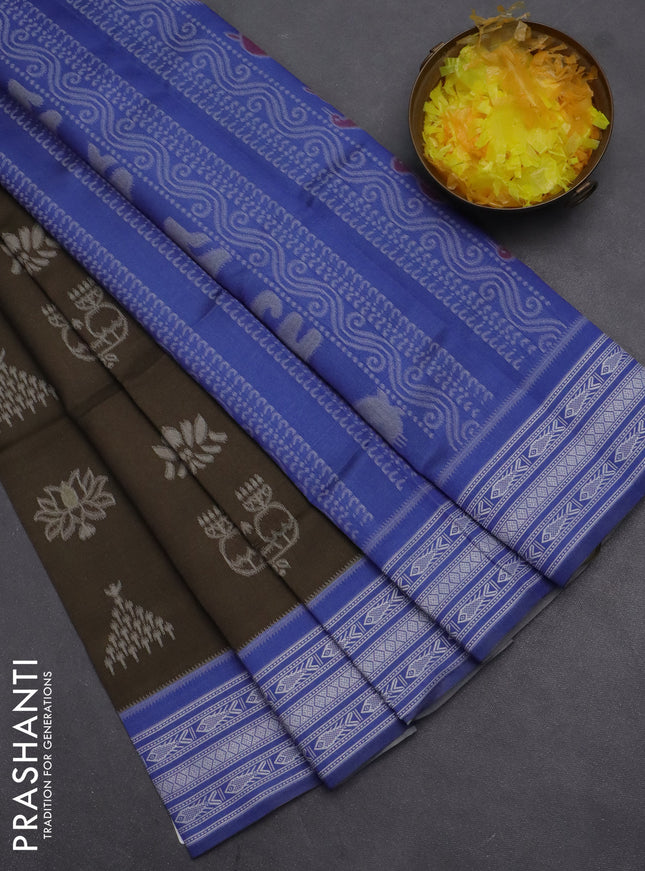 Semi sambalpuri silk saree dark olive green and blue with allover ikat buttas and thread woven border