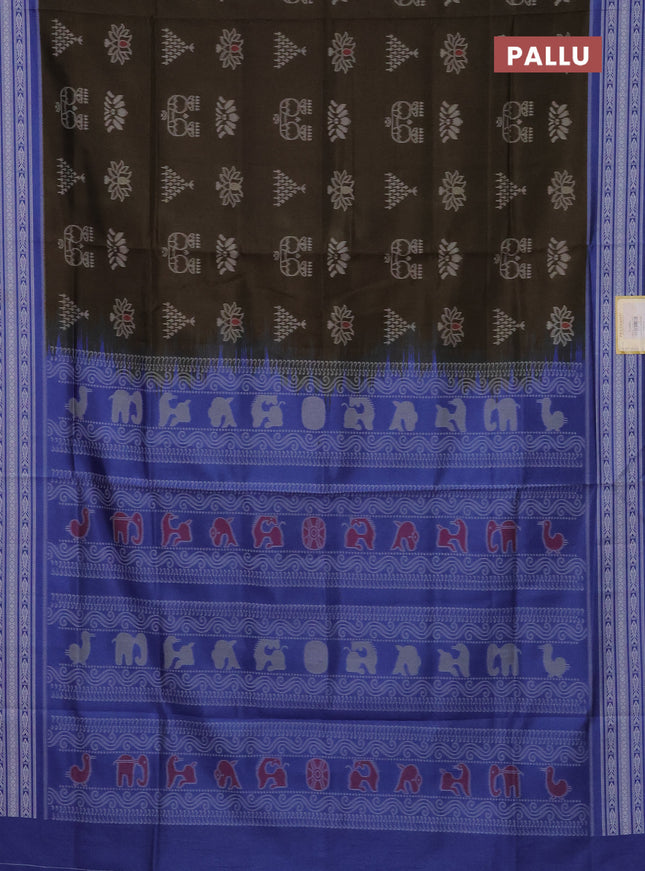 Semi sambalpuri silk saree dark olive green and blue with allover ikat buttas and thread woven border