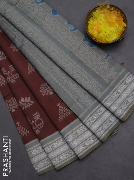 Semi sambalpuri silk saree brown and grey with allover ikat buttas and thread woven border