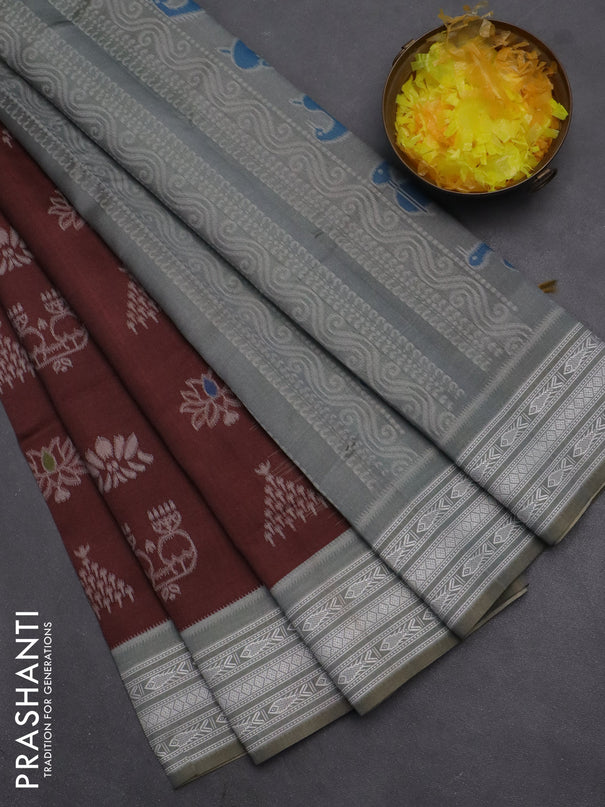 Semi sambalpuri silk saree brown and grey with allover ikat buttas and thread woven border