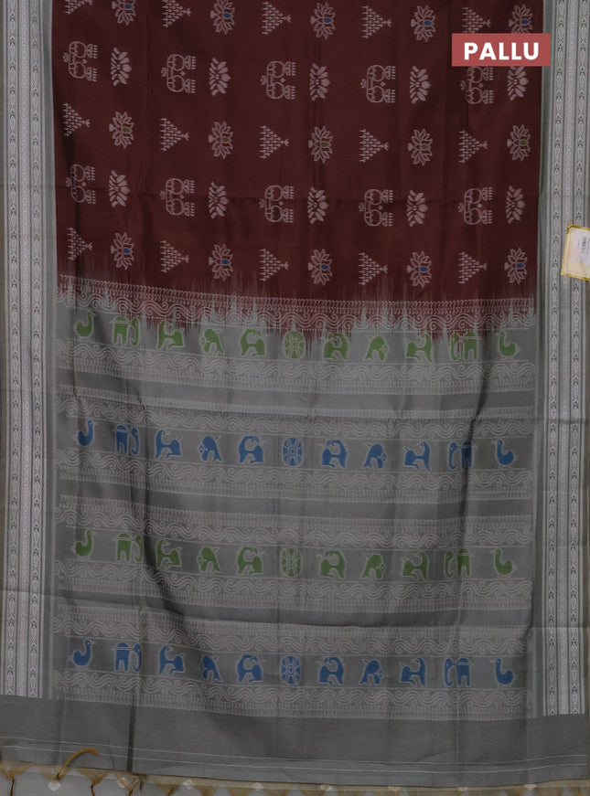 Semi sambalpuri silk saree brown and grey with allover ikat buttas and thread woven border