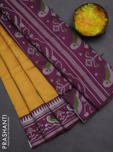 Semi sambalpuri silk saree mango yellow and wine shade with allover ikat buttas and thread woven border