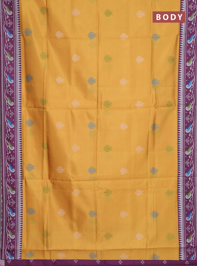 Semi sambalpuri silk saree mango yellow and wine shade with allover ikat buttas and thread woven border