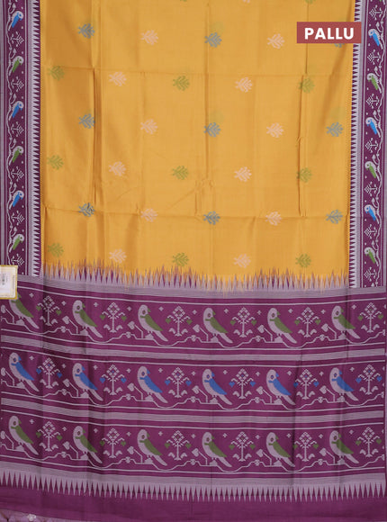 Semi sambalpuri silk saree mango yellow and wine shade with allover ikat buttas and thread woven border