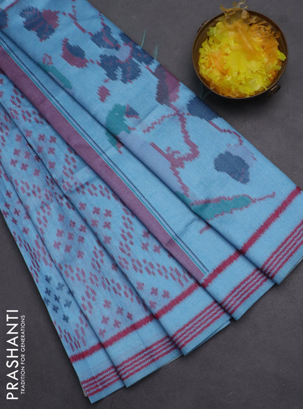 Semi sambalpuri silk saree light blue and pink with allover ikat weaves and thread woven border