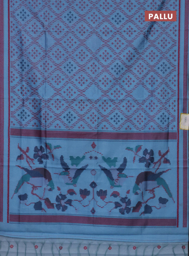 Semi sambalpuri silk saree light blue and pink with allover ikat weaves and thread woven border