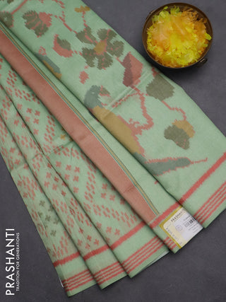 Semi sambalpuri silk saree pista green and peach orange with allover ikat weaves and thread woven border