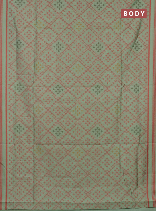 Semi sambalpuri silk saree pista green and peach orange with allover ikat weaves and thread woven border