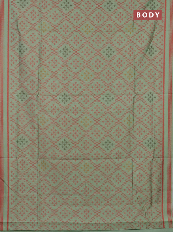 Semi sambalpuri silk saree pista green and peach orange with allover ikat weaves and thread woven border