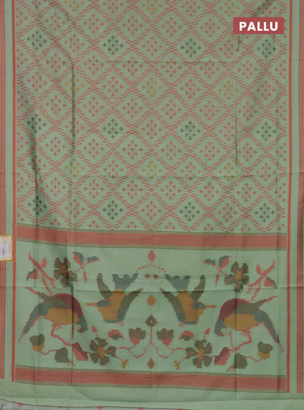 Semi sambalpuri silk saree pista green and peach orange with allover ikat weaves and thread woven border