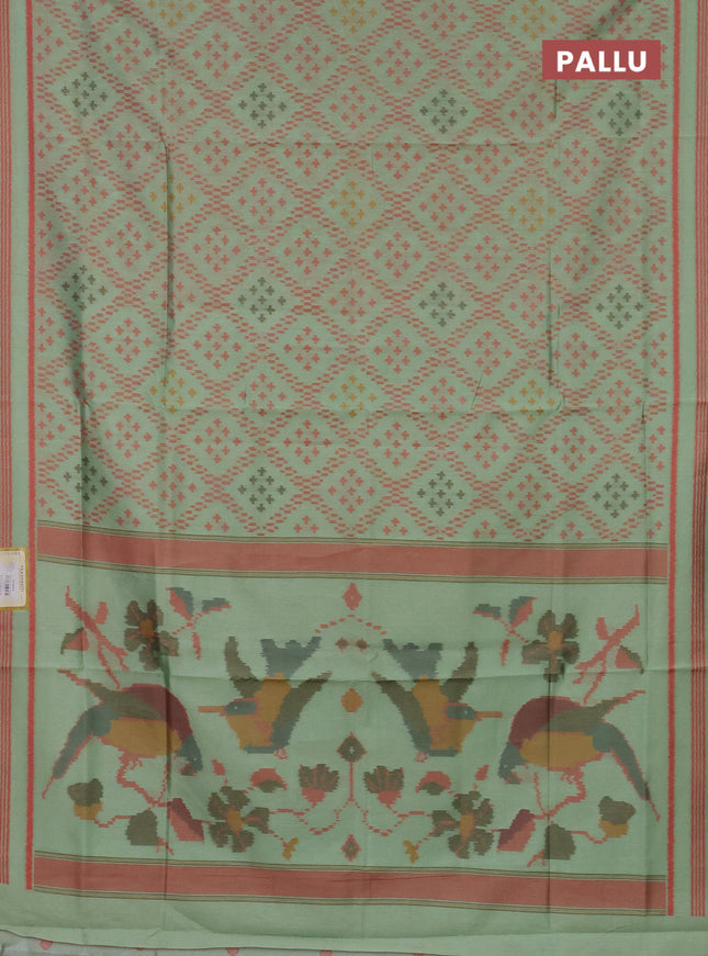 Semi sambalpuri silk saree pista green and peach orange with allover ikat weaves and thread woven border