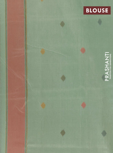 Semi sambalpuri silk saree pista green and peach orange with allover ikat weaves and thread woven border
