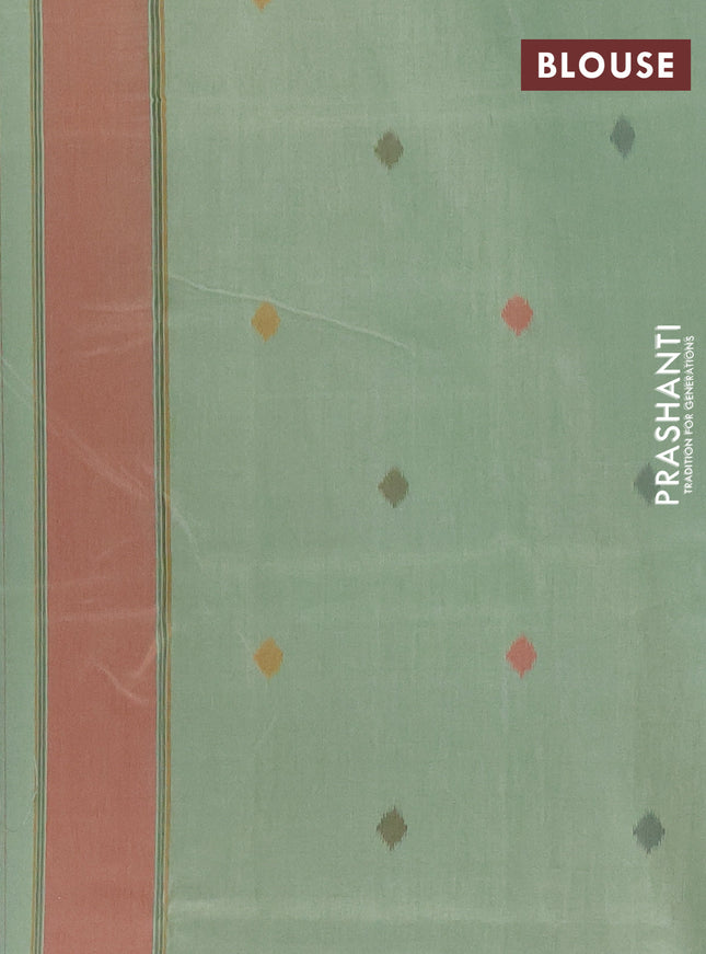 Semi sambalpuri silk saree pista green and peach orange with allover ikat weaves and thread woven border