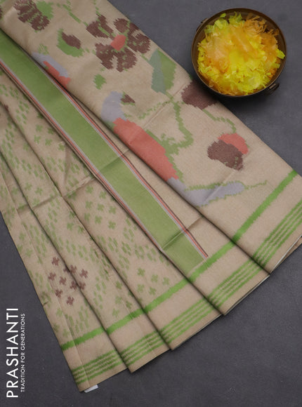 Semi sambalpuri silk saree beige and green with allover ikat weaves and thread woven border